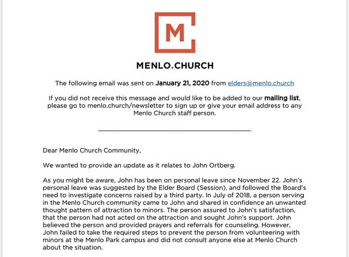 After Menlo Church elders suggested senior pastor John Ortberg go on leave, they sent a letter to the congregation last month explaining Ortberg’s questionable actions involving a volunteer.