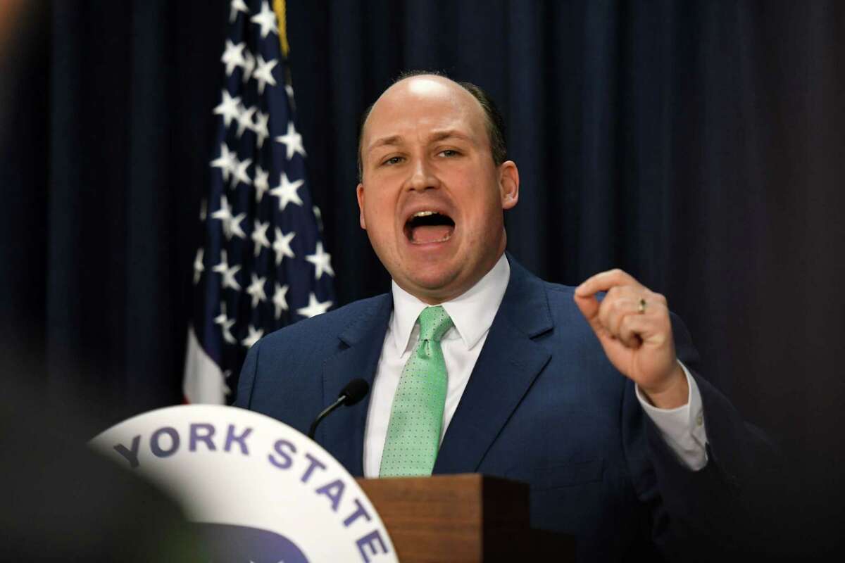New York State Republican Chairman Nick Langworthy speaks during a press conference where he was critical of recently enacted state bail reform measures on Thursday, Feb. 6, 2020, at the Legislative Office Building in Albany, N.Y. (Will Waldron/Times Union)