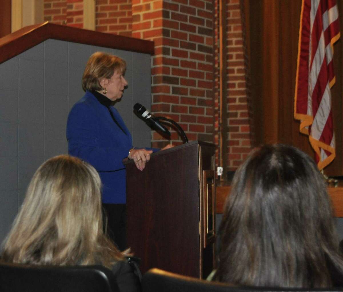 Interim Superintendent of Schools JeanAnn Paddyfote outlined her $102 million budget request for a public hearing of about 25 people on Saturday, Feb. 1, at Ridgefield's Scotts Ridge Middle School auditorium. Only one resident offered comment.