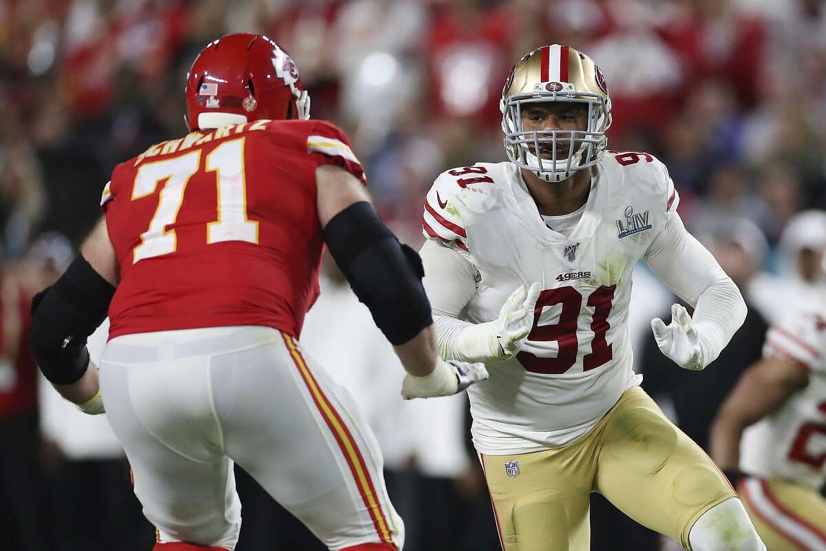San Francisco 49ers defensive end Arik Armstead (91) looks to get past Kansas City Chiefs offensive tackle Mitchell Schwartz (71) during the second half of the NFL Super Bowl 54 football game between the San Francisco 49ers and Kansas City Chiefs Sunday, Feb. 2, 2020, in Miami Gardens, Fla. The Kansas City Chiefs won 31-20. (AP Photo/Steve Luciano)