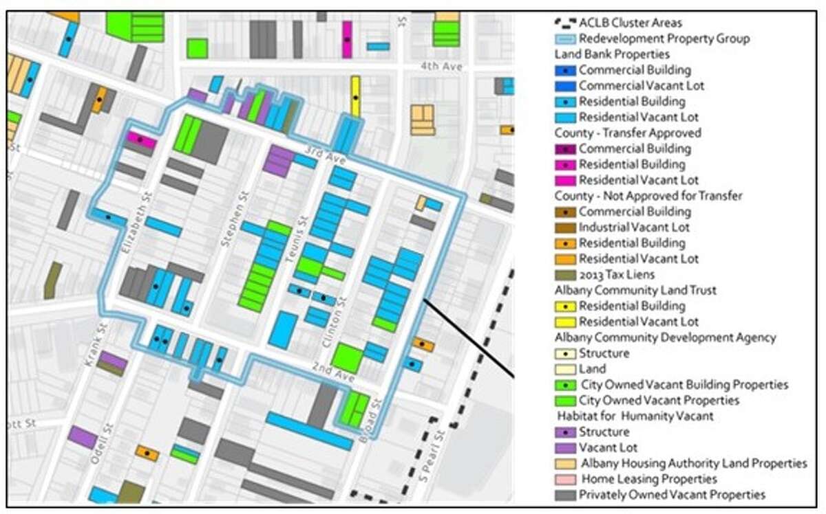 The highlighted four-block area shows the parcels that the Albany County Land Bank is looking to partner with a developer on for a large scale development in the city's South End.
