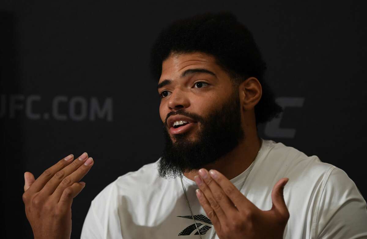 HOUSTON, TEXAS - FEBRUARY 06: Juan Adams interacts with media during the UFC 247 Ultimate Media Day at the Crowne Plaza Houston River Oaks on February 06, 2020 in Houston, Texas. (Photo by Josh Hedges/Zuffa LLC)