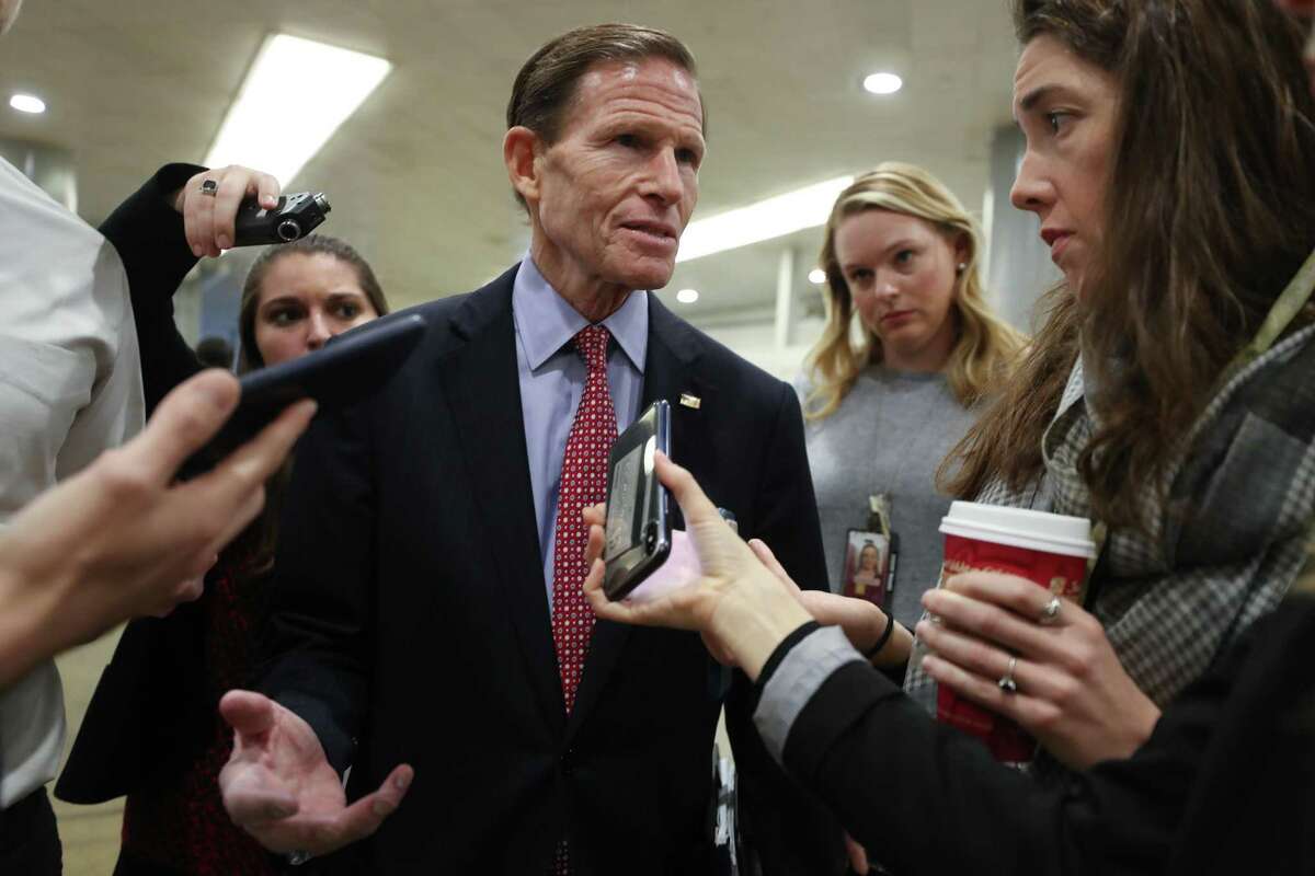 U.S. Sen. Richard Blumenthal, D-Conn., speaks to reporters as he arrives at the U.S. Capitol as the Senate impeachment trial of U.S. President Donald Trump continues Jan. 31 in Washington, D.C.