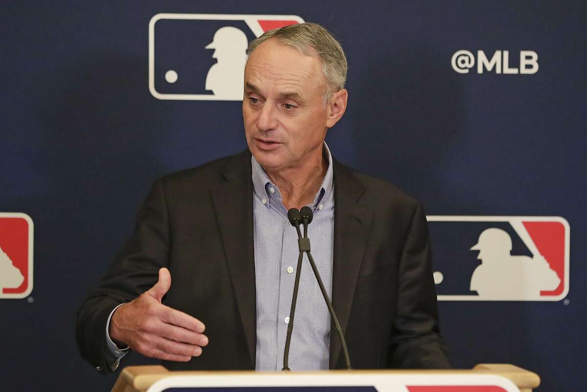 MLB Commissioner Rob Manfred answers questions at a press conference during MLB baseball owners meetings, Thursday, Feb. 6, 2020, in Orlando, Fla. (AP Photo/John Raoux)