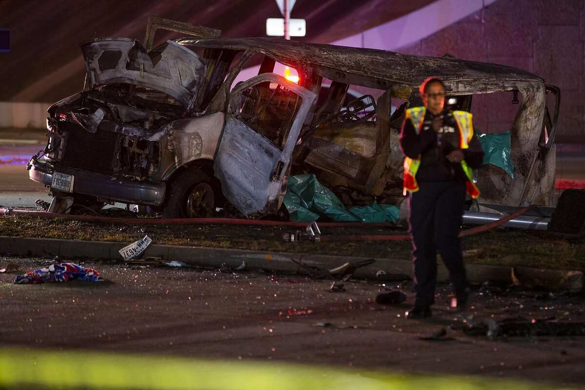Van involved in a crash on Antoine Drive at the North Sam Houston Parkway underpass on Wednesday, Feb. 5, 2020, in Houston. Three people lost their lives in the crash.