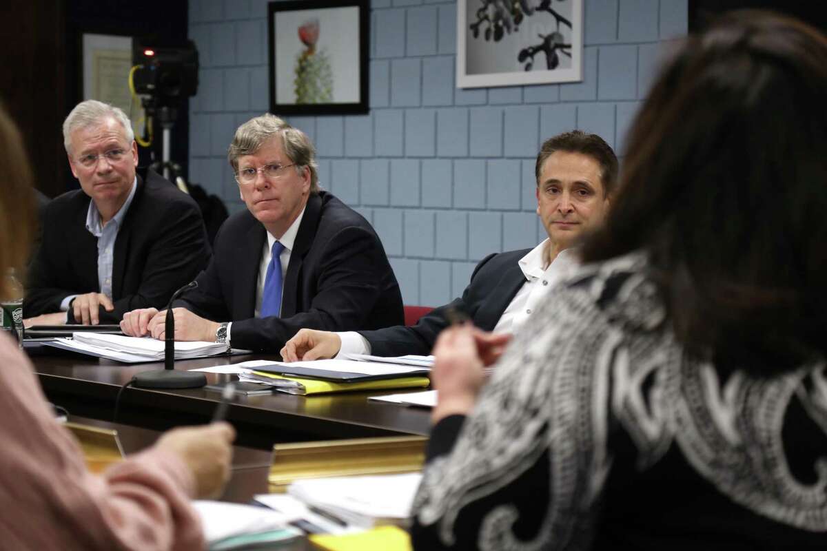Board of Finance members, from left, including Chairman Jeff Rutishauser, Vice Chairman Michael Kaelin, and Stewart Koenigsberg, listen to comments on the budget from school officials in February 2020.