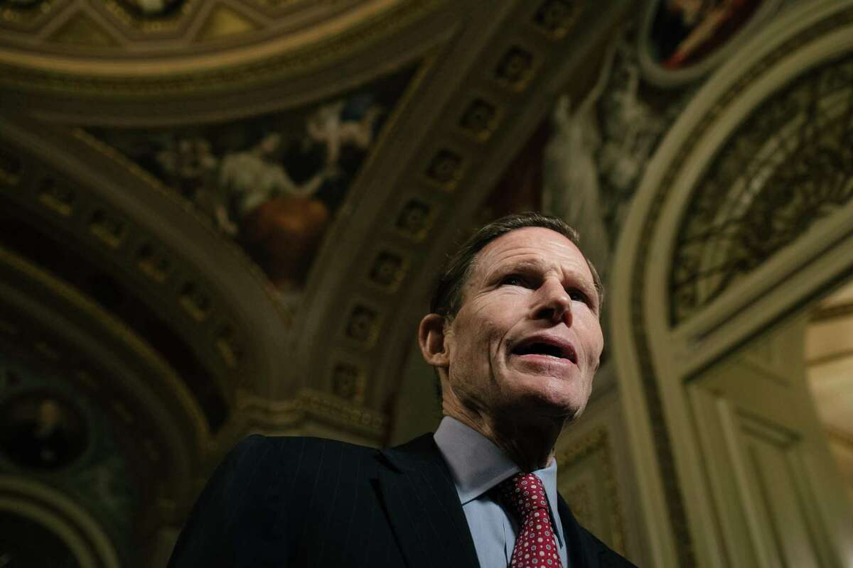 Sen. Richard Blumenthal (D-Conn.) speaks to reporters during a break in the impeachment trial of President Donald Trump at the Capitol in Washington, on Friday, Jan. 31, 2020. (Alyssa Schukar/The New York Times)