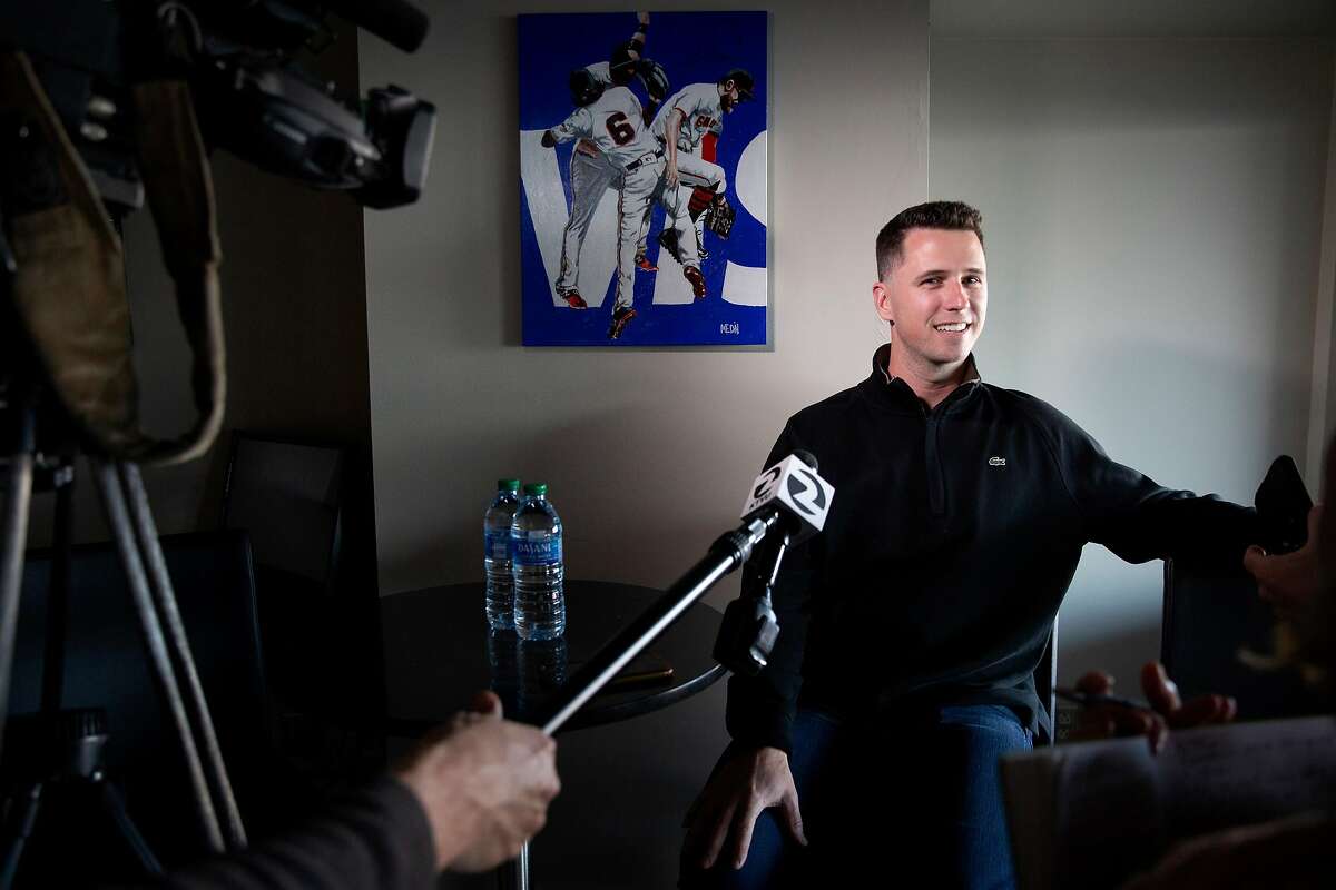 San Francisco Giants Buster Posey during a news conference at Oracle Park on Friday, Feb. 7, 2020, in San Francisco, Calif.