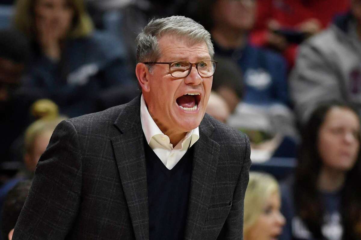 Connecticut head coach Geno Auriemma reacts in the second half of an NCAA college basketball game against Memphis, Friday, Feb. 7, 2020, in Storrs, Conn. (AP Photo/Jessica Hill)