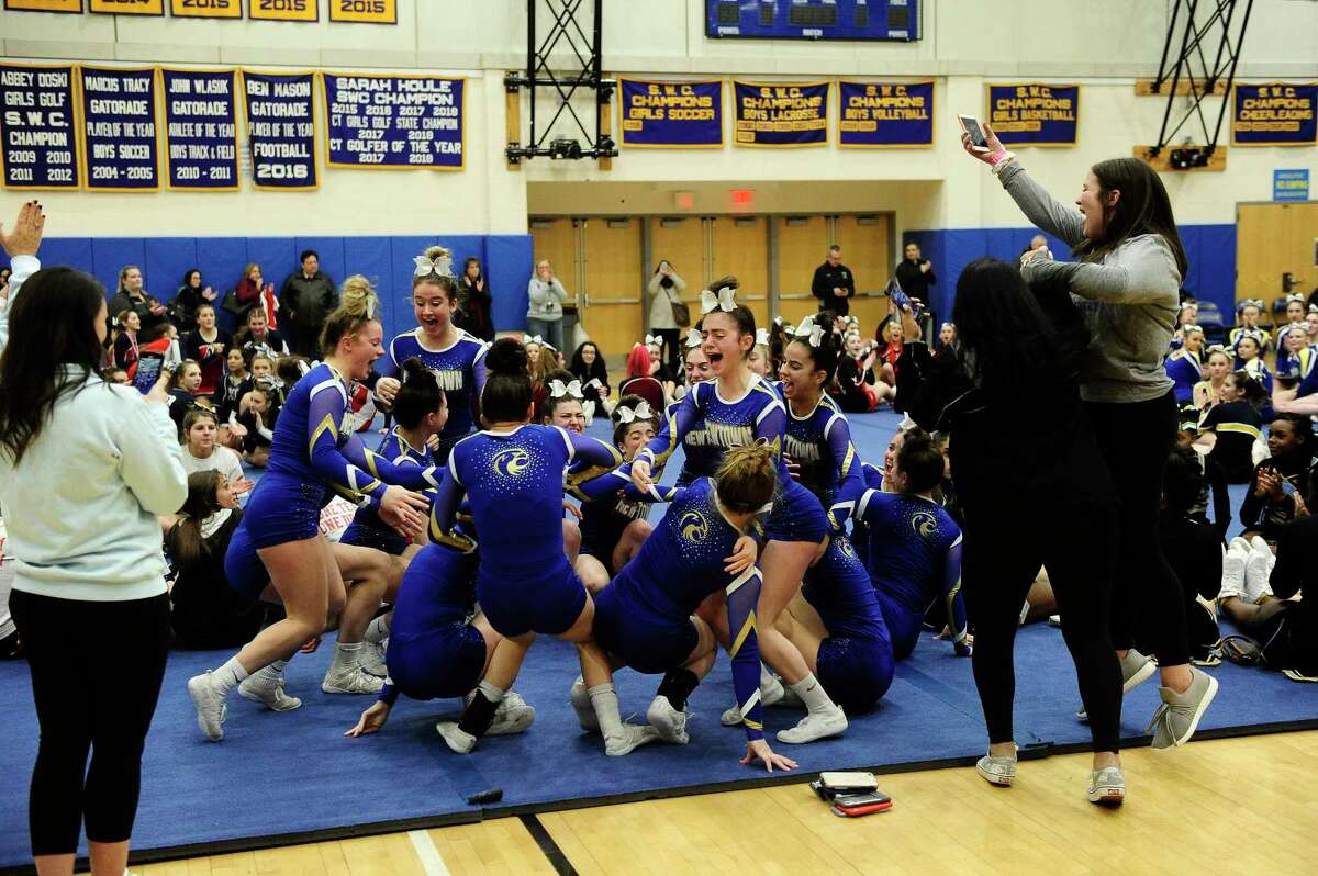 Newtown Cheer celebrates as champions in the SWC cheer championships at Newtown High School on Feb. 7, 2020 in Newtown, Connecticut.