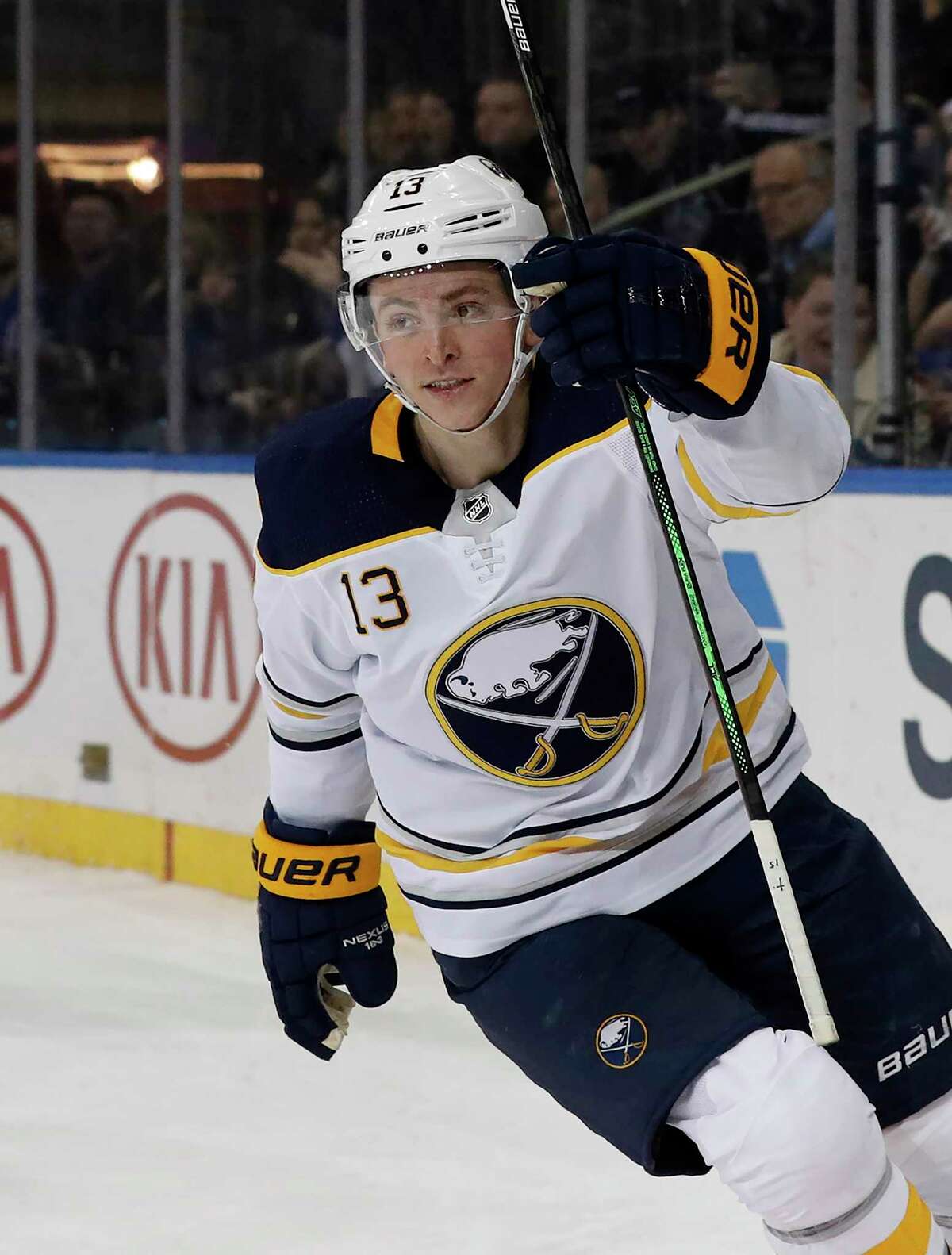 Buffalo Sabres left wing Jimmy Vesey (13) celebrates after scoring a goal during the third period of an NHL hockey game agains the New York Rangers, Friday, Feb. 7, 2020, in New York. (AP Photo/Jim McIsaac)