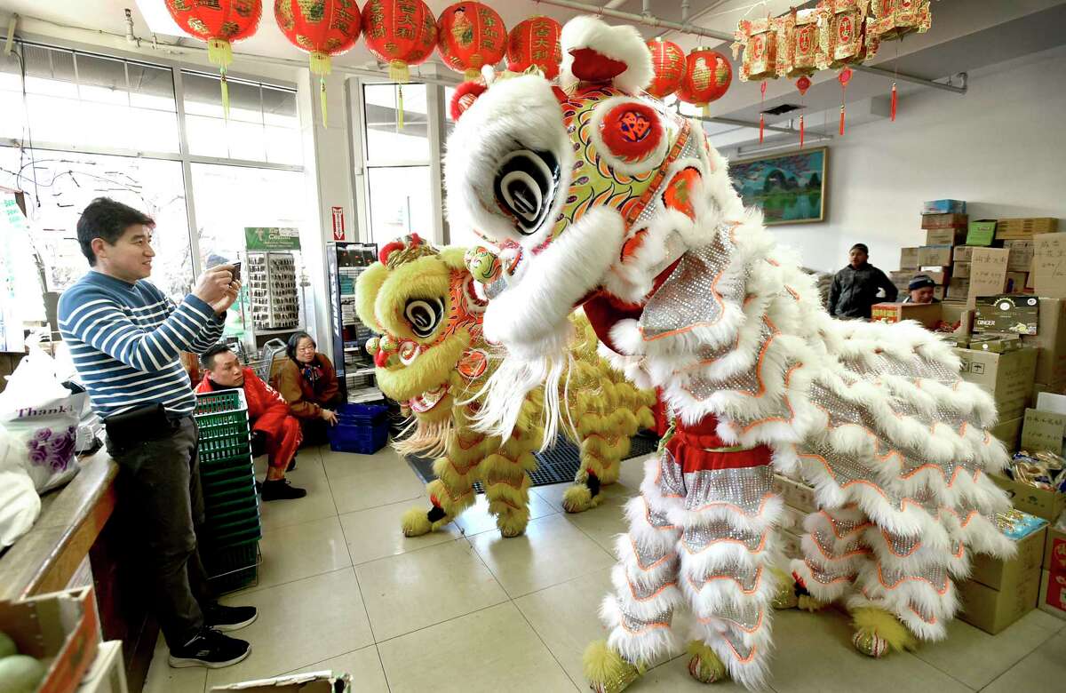 New Haven, Connecticut - February 8, 2020: Tommy Zhang, owner of the Hong Kong Market on Whitney Ave in New Haven, left, photographs the Wan Chi Ming Hung Gar dancing lions the entered his business during Lunarfest, celebrating the Chinese New Year, the Year of the Rat, and the Chinese culture that is highlighted by New Haven’s 9th Annual Lion and Dragon Dance Parade that winds down Church Street towards Whitney Avenue to the the Hong Kong Market and Great Wall Restaurant. The dancing Lions are performed by the Wan Chi Ming Hung Gar Institute's lions of New York City, and are a symbol of good luck to people and area merchants. The dragons are handcrafted by area schools and the public.