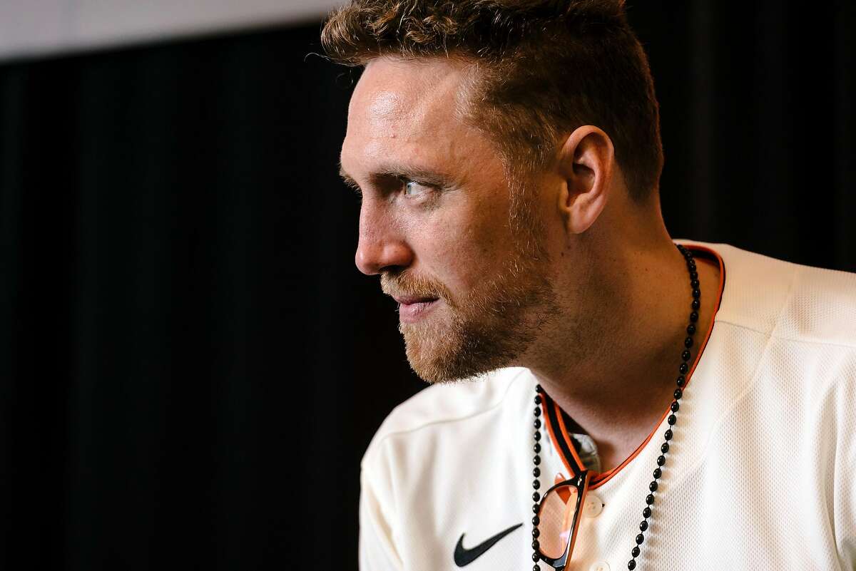 Hunter Pence listens to a question from the audience during the San Francisco Giants Fan Fest event at Oracle Park in San Francisco, California, U.S., on Saturday, Feb. 8, 2020.