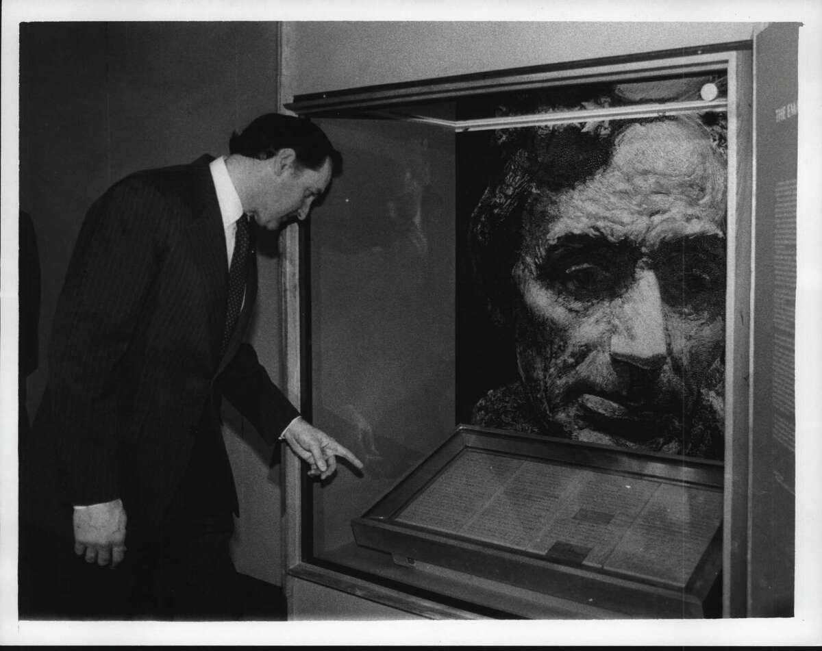 Emancipation Proclamation exhibit at New York State Museum. Former state Education Commissioner Gordon M. Ambach at opening of exhibit on Feb. 1, 1985 (Times Union Archive)