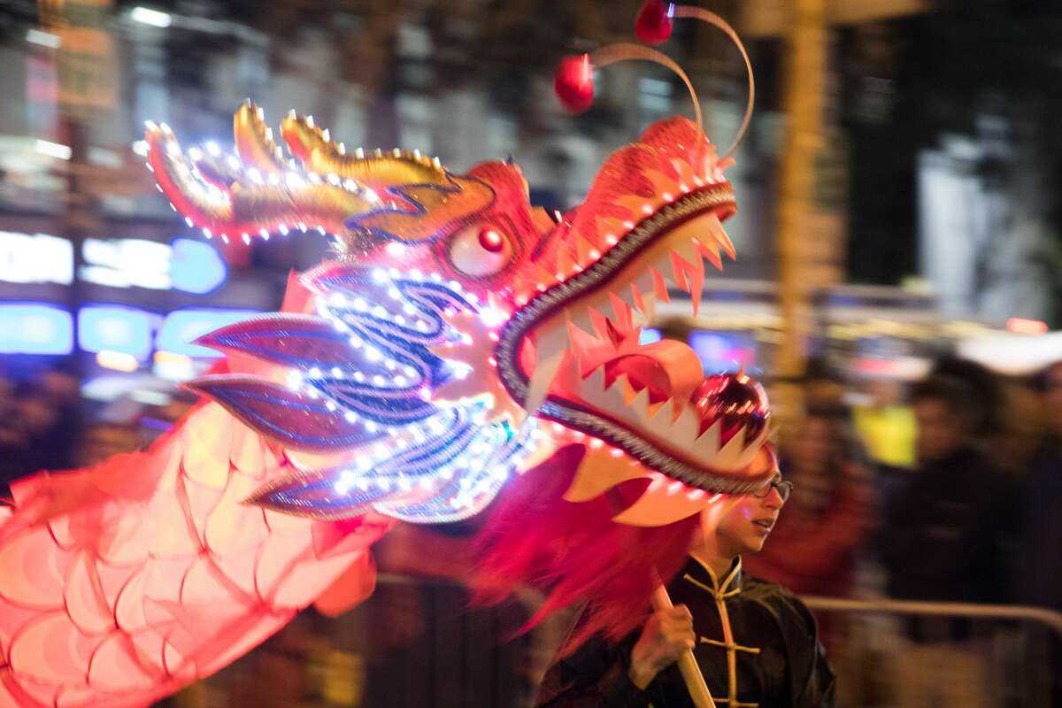 A line dragon, led by Laura Petrocelli, was part of the Aptos Middle School performance during the Chinese New Year Parade in San Francisco, Calif. on February 8, 2020.