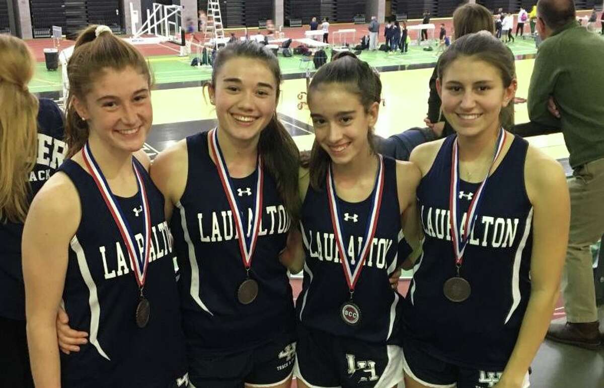 Catherine McLaughlin, Lauren Baisley, Kelly Jones and Carly Costikyan broke the school record in the 4x800 relay at the SCC Championships.