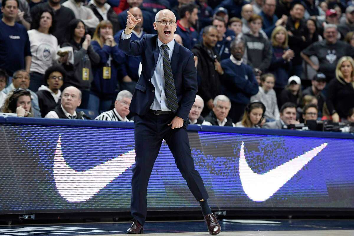 Connecticut head coach Dan Hurley reacts in the second half of an NCAA college basketball game against Cincinnati, Sunday, Feb. 9, 2020, in Storrs, Conn. (AP Photo/Jessica Hill)