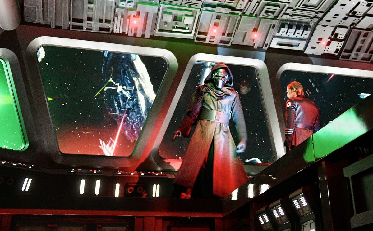 Kylo Ren and General Hux on the deck of a Star Destroyer during Rise of the Resistance at Star Wars: Galaxy's Edge inside Disneyland in Anaheim.