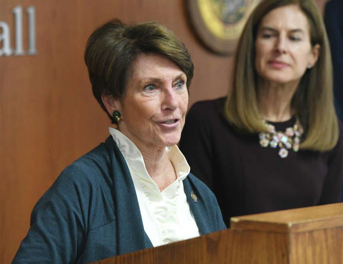 State Rep. Livvy Floren, left, R-Greenwich, speaks beside Connecticut Lt. Gov. Susan Bysiewicz about the upcoming U.S. Census at Town Hall in Greenwich, Conn. Monday, Feb. 10, 2020.