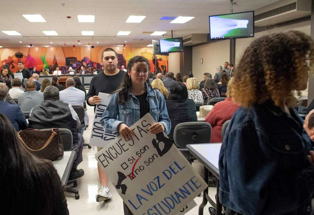 SAISD students leave after some spoke about the district's bill of rights at a board meeting at the Burnet Learning Center on Monday, Feb. 10, 2020. The students want more representation and some expressed concern about police on campus.