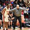 New Haven, Connecticut - February 10, 2020: Prince Tech Coach Kendall May coaches against Wilbur Cross H.S. boys basketball vs. A.I. Prince Technical High School of Hartford Monday evening at Wilbur Cross H.S. in New Haven.