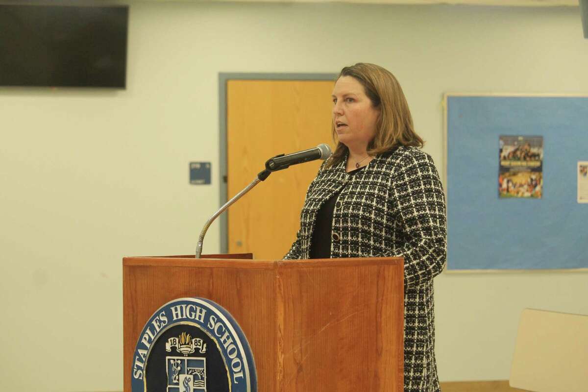 Elizabeth Mesler, principal of Saugatuck Elementary School, speaks at a BOE meeting on Monday. Taken Feb. 10, 2020 in Westport, Conn.