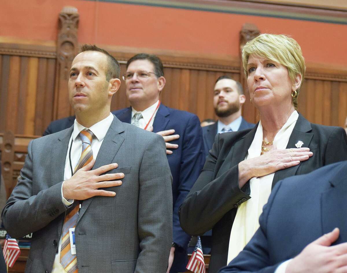 Fairfield State Representatives Brian Farnen and Laura Devlin at the General Assembly last week.