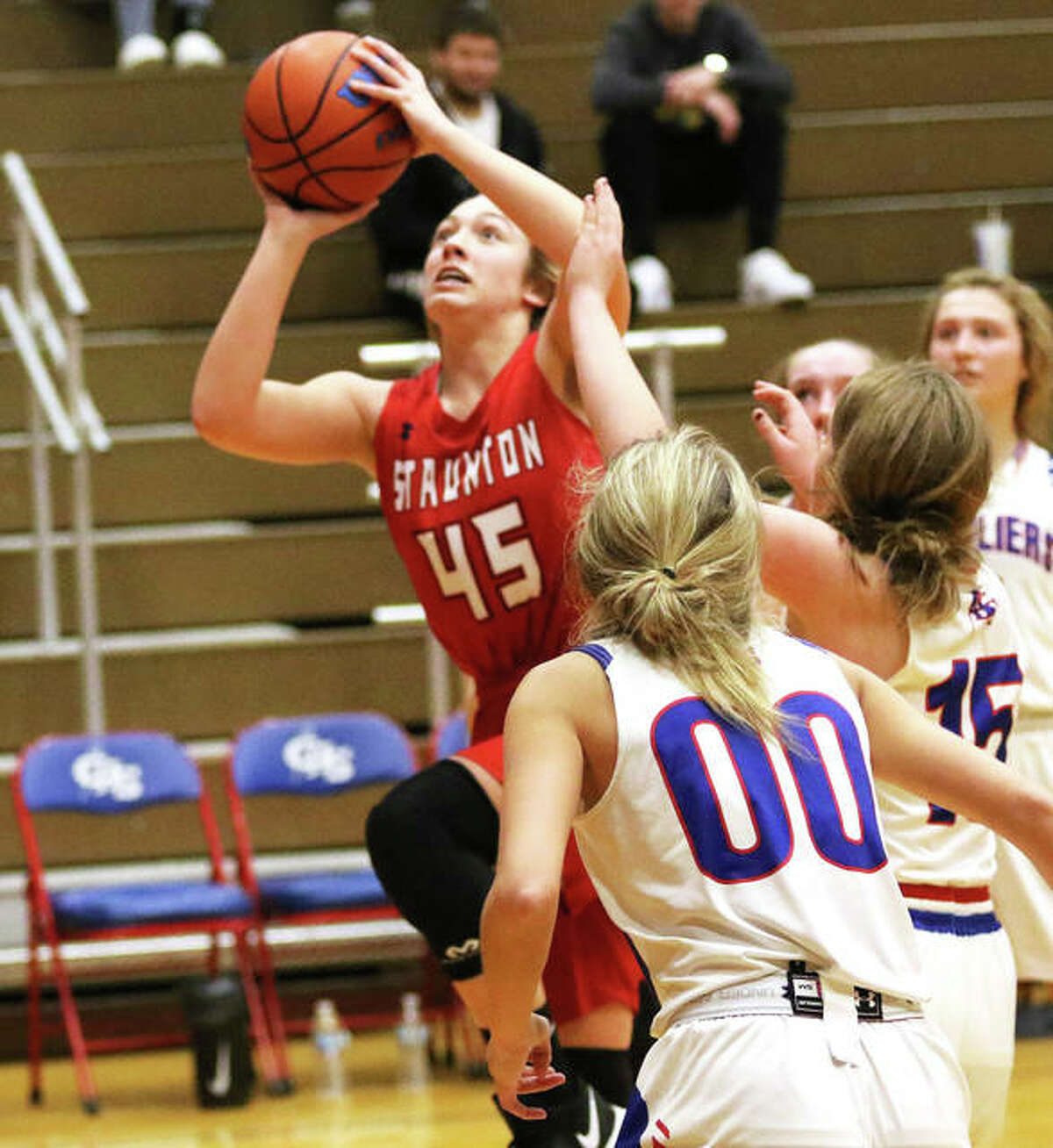 Staunton's  Haris Legendre (45) scored 10 points in her team's 40-28 victory over Carlinville Thursday night in Carlinville.