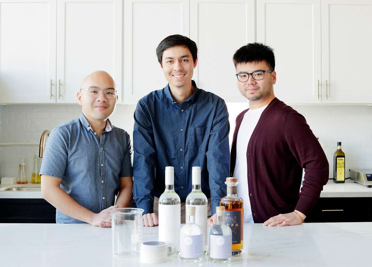 L-R, Josh Decolongon , Co-Founder and Chief of Product, Alec Lee, Co-Founder and CEO, Mardonn Chua, Co-Founder and CTO, at the headquarters of Endless West, a startup where they are developing “molecular” wines, whiskey, and sake in San Francisco, Calif., on Monday, February 10, 2020. Endless West produces the beverages in a lab, not from plant materials. After years of development, the company is finally ready to debut the wine and sake prototypes.