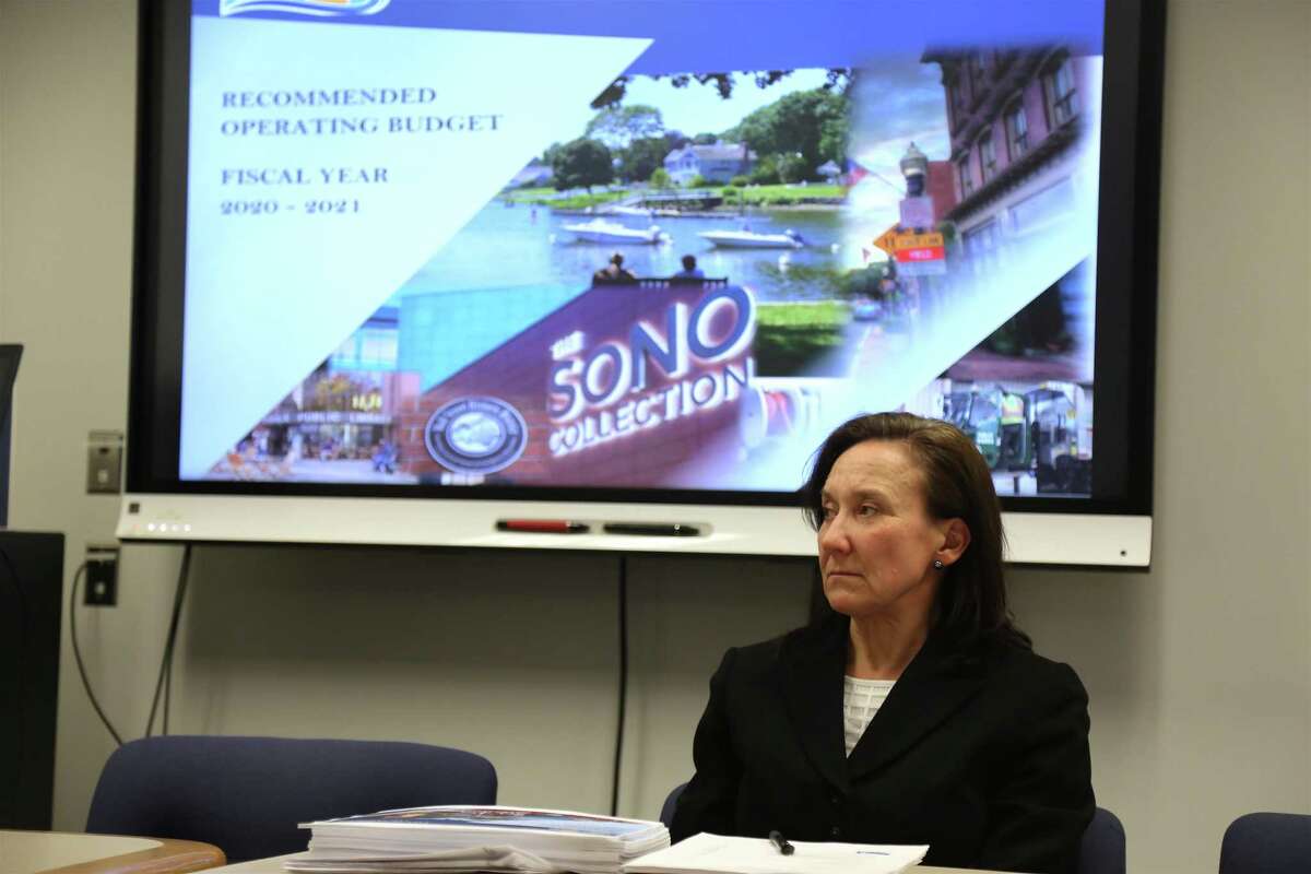Angela Fogel, director of management and budgets, assists in the budget presentation Monday night.