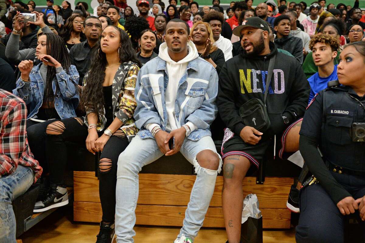 Texans Quarterback Deshaun Watson watches the 5A Region III District 24 Boys basketball game between the Hightower Hurricanes and the Shadow Creek Sharks on Tuesday, February 11, 2020 at Hightower HS, Missouri City, TX.