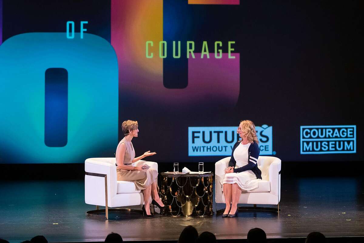 Christine Blasey Ford (right) speaks to Journalist and former Glamour Magazine Editor Chief Cindi Leive (left) at the Futures Without Violence event sponsored by Courage Museum at the Presidio Theatre in San Francisco on Tuesday, February 11, 2020. Mrs. Blasey Ford received inaugural Courage Awards for her advocacy.
