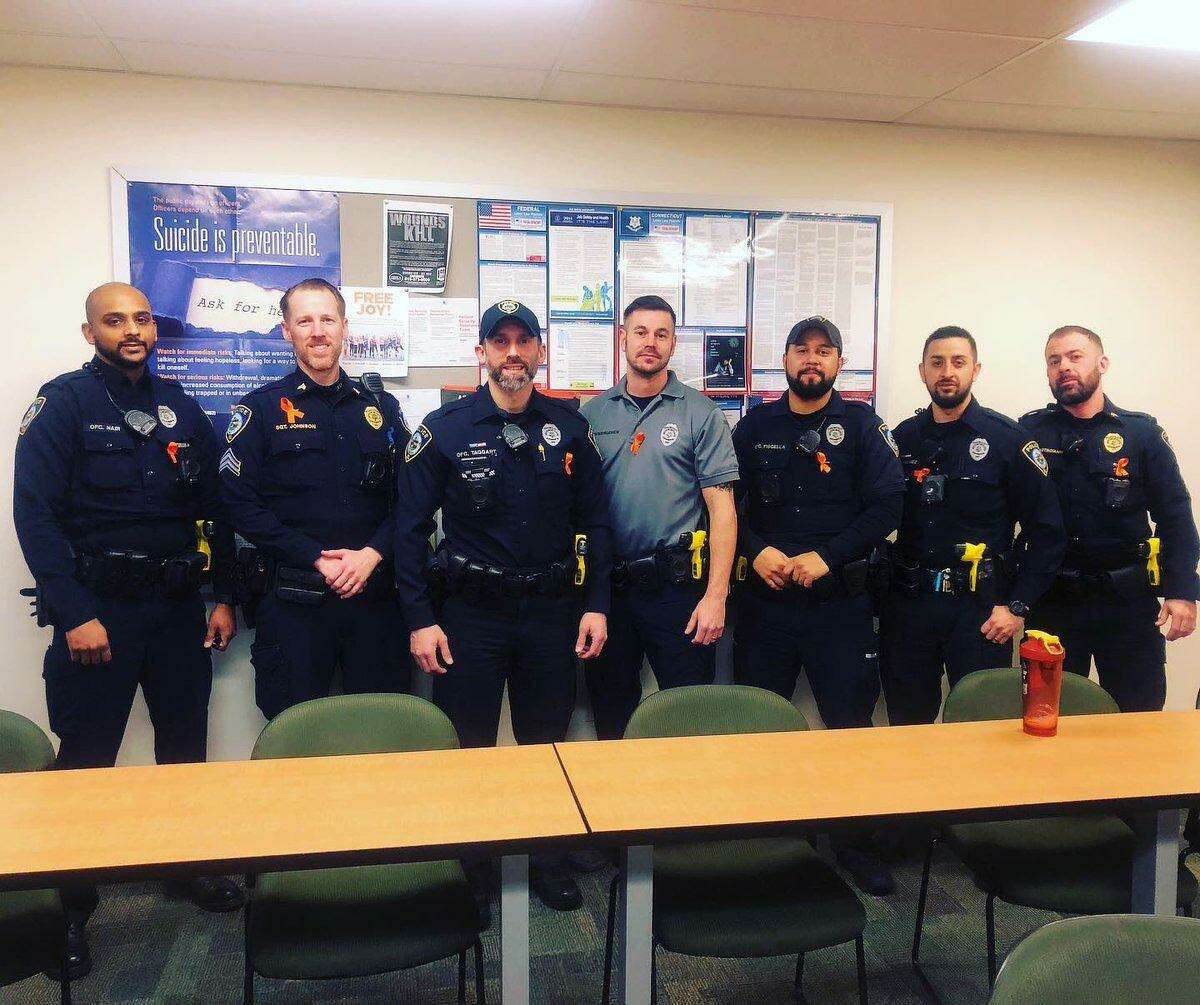 Darien Police wore orange ribbons for “Wear Orange Day” in support of Teen Dating Violence Awareness Month (TDVAM).Police wearing orange were: Officer Nair, Sgt. Johnson, Officer Taggart, School Resource Officer Schwengerer, Officer Fiscella, Officer Jimenez, and Sgt. Mastroianni.