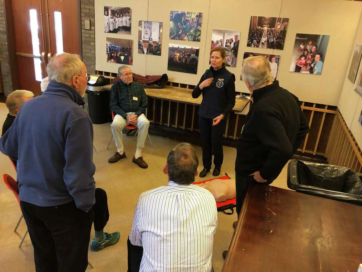 Volunteers from New Canaan Emergency Medical Services (also known as the New Canaan Volunteer Ambulance Corp) recently taught hands-only CPR to members of the New Canaan Men's Club.