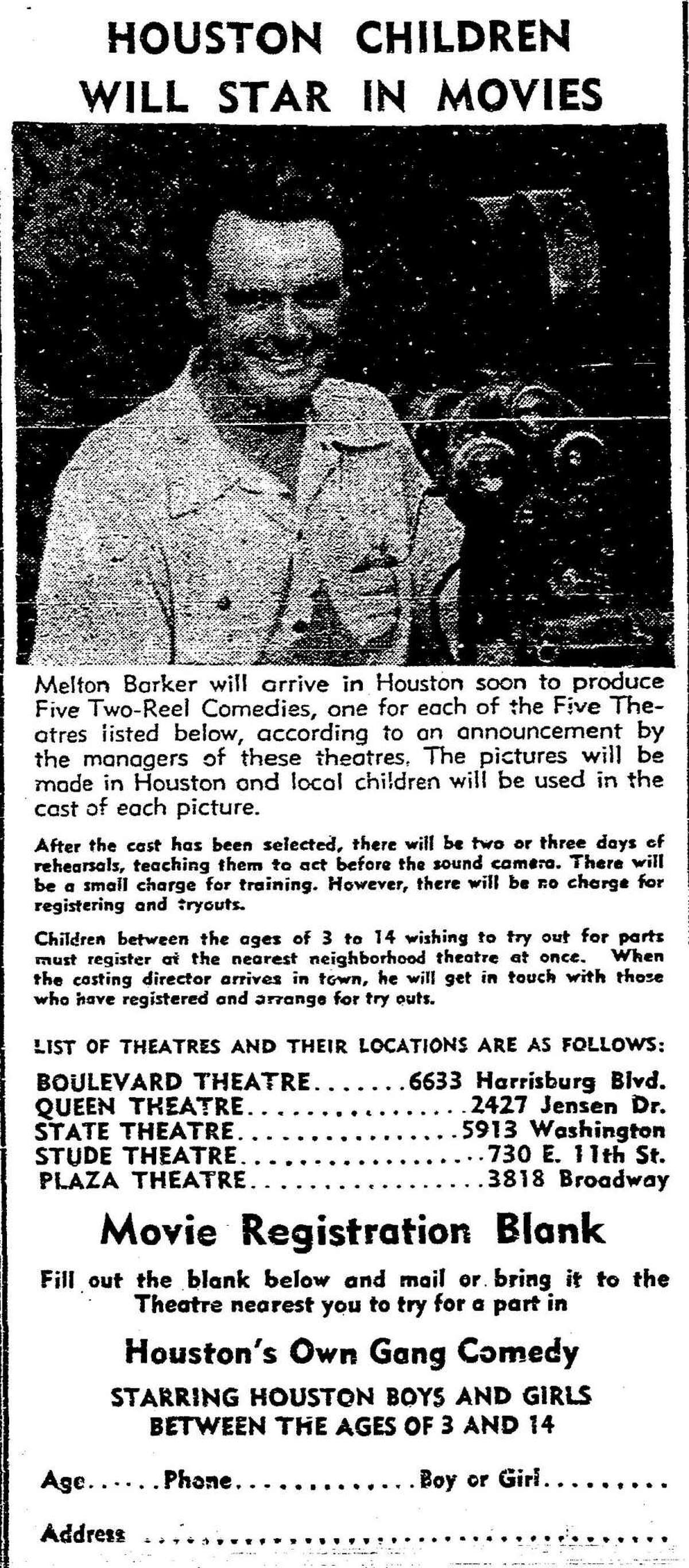 A 1948 newspaper ad in the Houston Chronicle promotes local auditions for Melton Barker's "Kidnappers Foil".