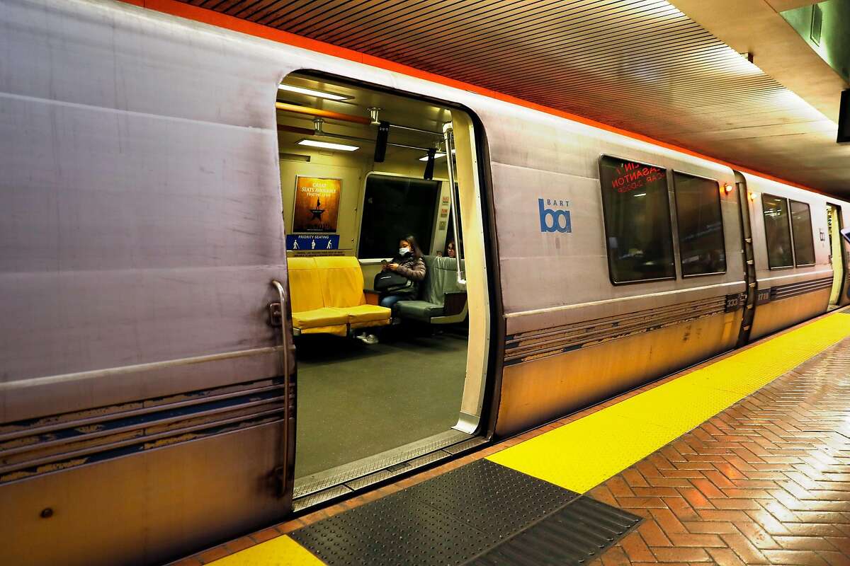 A partially filled train readies to leave BART Powell Street station in San Francisco, Calif., on Tuesday, February 11, 2020.