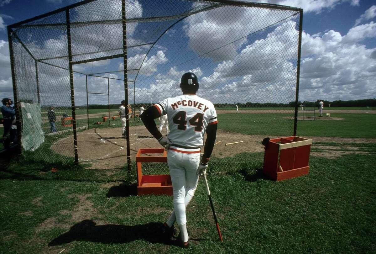 PHOENIX, AZ - CIRCA 1970's: First baseman Willie McCovey #44 of the San Francisco Giants standing at the batting cage waiting his turn to hit circa mid 1970's in spring training in Phoenix, Arizona. McCovey played for the Giants from 1959-80. (Photo by Focus on Sport/Getty Images)