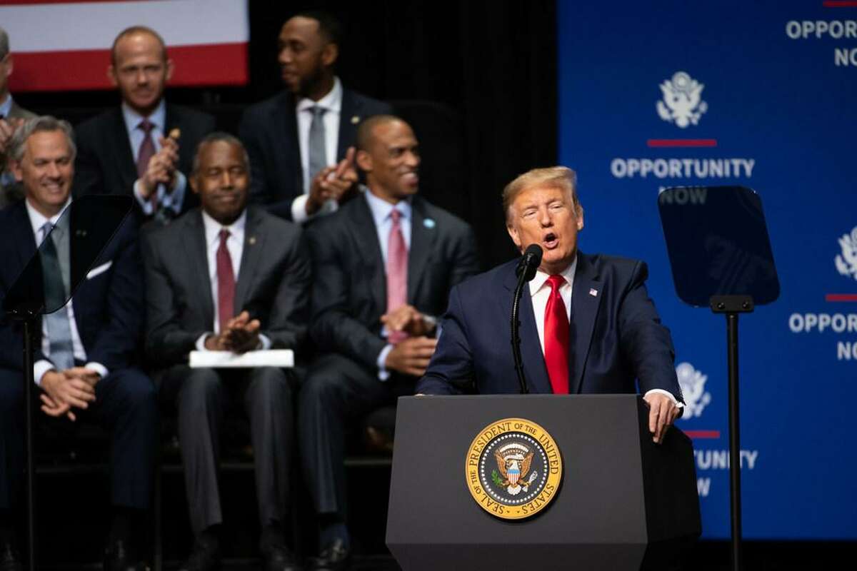 U.S. President Donald Trump addresses the crowd during the Opportunity Now summit at Central Piedmont Community College on February 7, 2020 in Charlotte, North Carolina.