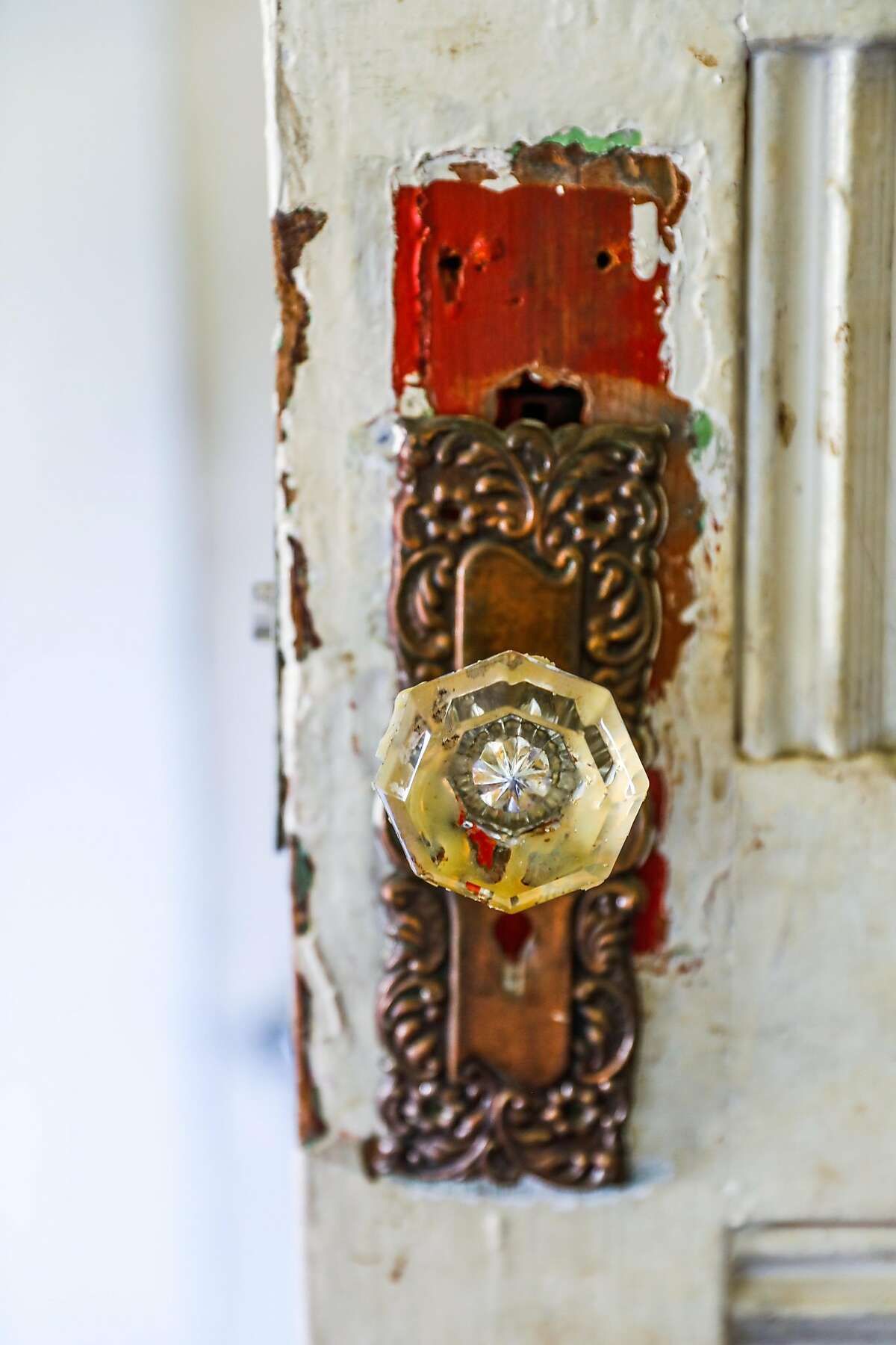 A doorknob in the Pink Painted Lady which was newly purchased on Steiner Street on Tuesday, February 11, 2020 in San Francisco, California.