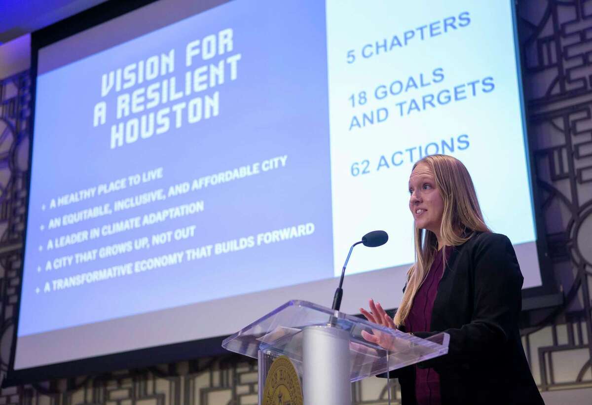 Marissa Aho, the city's chief resilience officer, gives an overview of the city's new "Resilient Houston" plan, Wednesday, Feb. 12, 2020, at Houston City Hall.