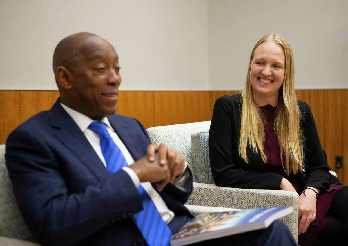 Mayor Sylvester Turner and Marissa Aho, the city's chief resilience officer, speak following a presentation the "Resilient Houston" plan, Wednesday, Feb. 12, 2020, at Houston City Hall.