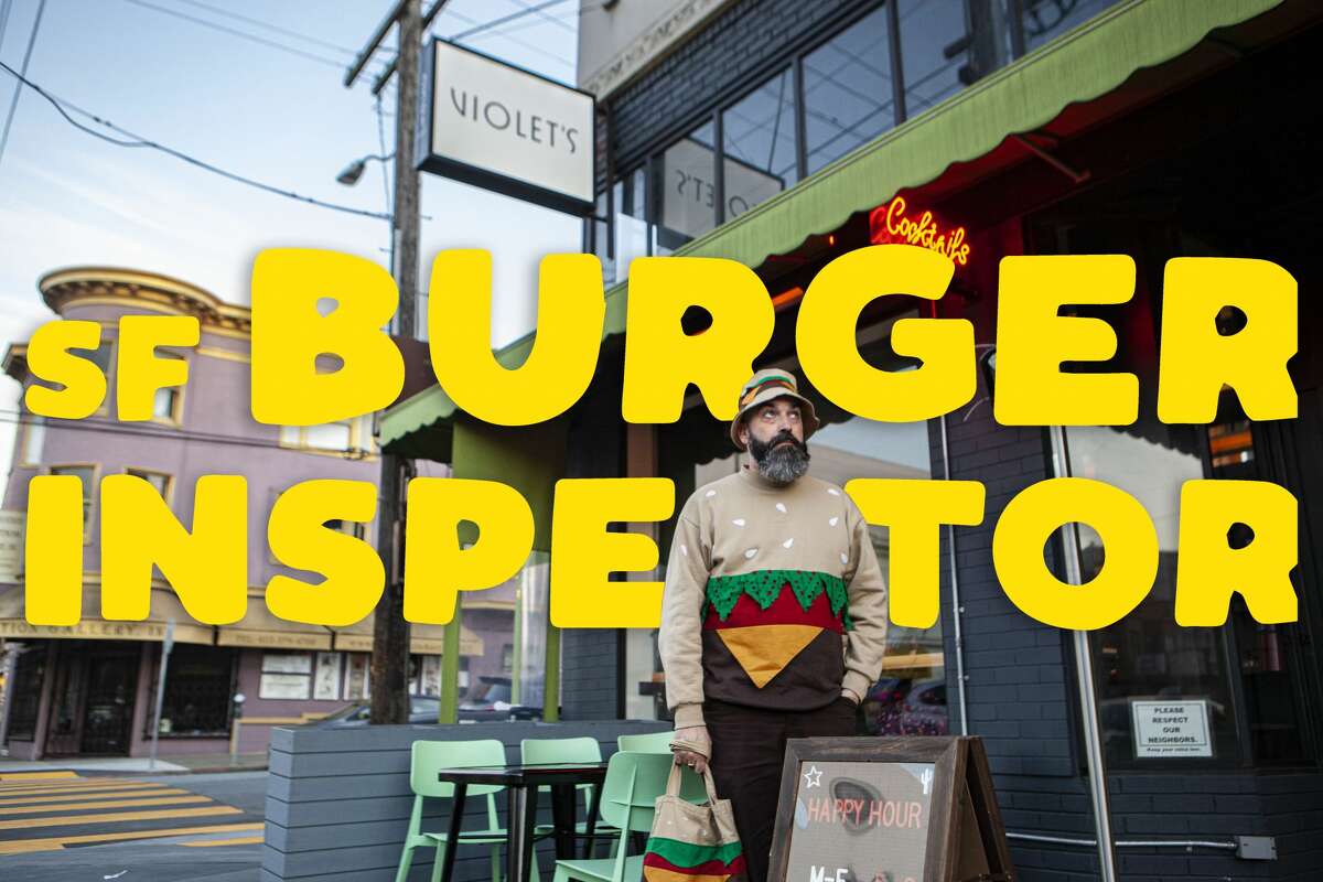 Artist Jeremy Fish, our SF Burger Inspector, at Violet's in San Francisco's Richmond District, Feb. 12, 2020.