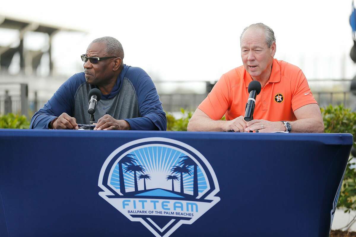 WEST PALM BEACH, FLORIDA - FEBRUARY 13: Manager Dusty Baker and owner Jim Crane of the Houston Astros answer questions from the media during a press conference at FITTEAM Ballpark of The Palm Beaches on February 13, 2020 in West Palm Beach, Florida. (Photo by Michael Reaves/Getty Images)