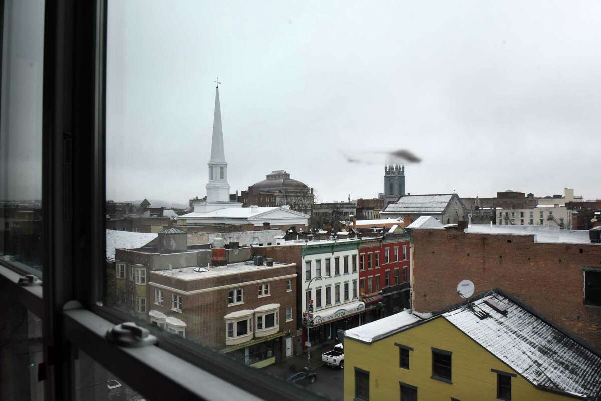 View from the fifth floor of the the Vicina Ð Modern Urban Flats mixed-use development on Thursday, Feb. 13, 2020, in Troy, N.Y. The $18 million, mixed-use building will have 80 apartments as well as street-level commercial space. It is being developed by The Rosenblum Companies. (Will Waldron/Times Union)