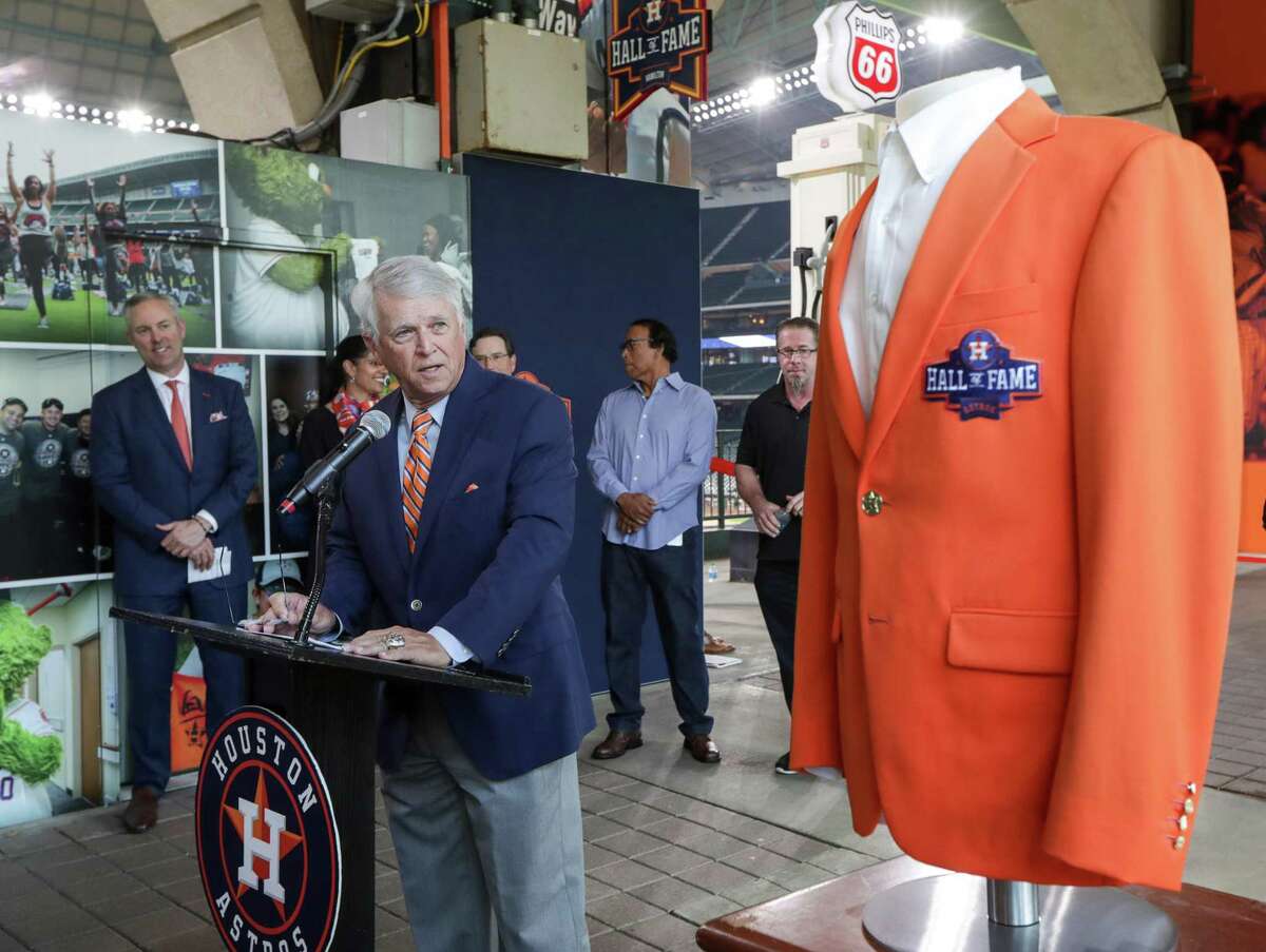 Bill Brown, former Houston Astros broadcaster, speaks during a press conference to open the Houston Astros Hall of Fame Alley at Minute Maid Park on Monday, March 25, 2019, in Houston.