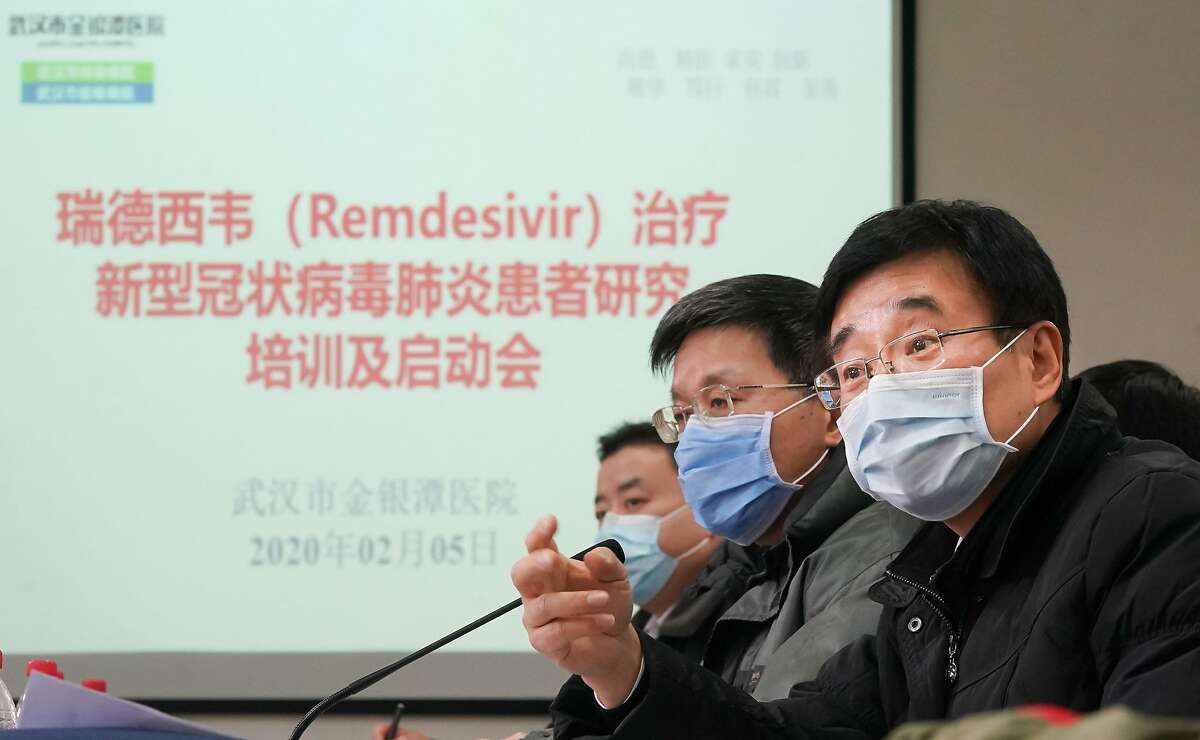 WUHAN, Feb. 5, 2020 -- Wang Chen 1st R, vice president of the Chinese Academy of Engineering and president of the Chinese Academy of Medical Sciences, speaks at a conference in Wuhan, central China's Hubei Province, Feb. 5, 2020. The registration for clinical trials on the antiviral drug Remdesivir has been approved, and the first batch of pneumonia patients infected by the novel coronavirus are expected to start taking the drug on Thursday, according to an official conference Wednesday. TO GO WITH "Antiviral drug Remdesivir to be applied in clinical trials Thursday" (Photo by Cheng Min/Xinhua via Getty) (Xinhua/Cheng Min via Getty Images)