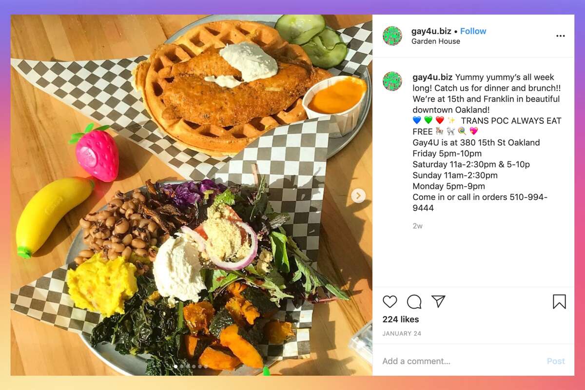 Gay4U Vegan Eats This Oakland based pop-up opened in October 2019, months after Hella Vegan Eats was displaced in February. In October 2019, Sofi Espice, co-founder of Hella Vegan Eats, opened Gay4U, where customers can find an all plant-based menu that includes chicken and waffles, burgers, and more. Find them: gay4u.biz. 380 15th St., Oakland.