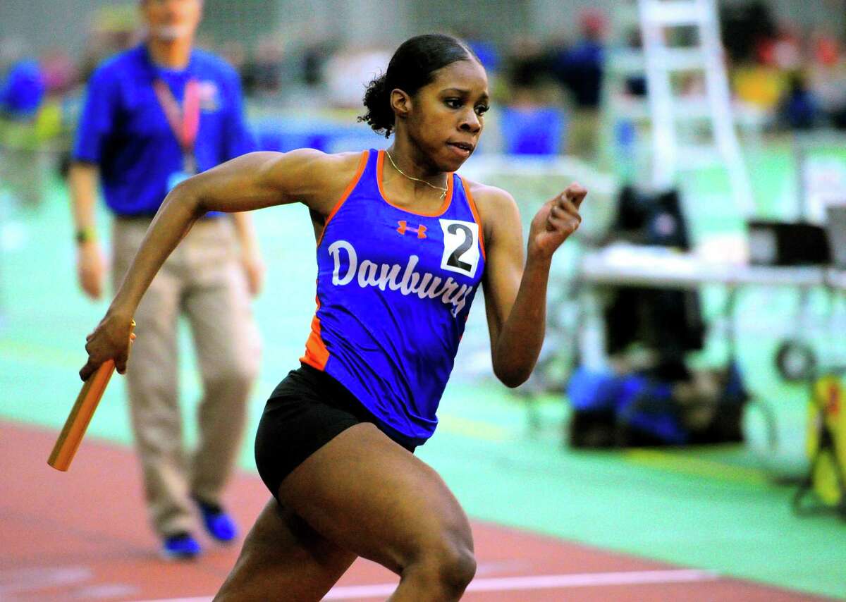 Danbury’s Da’nae Sherman competes in a heat of the 4x800 meter relay during CIAC Class LL Track Championship action in New Haven, Conn., on Thursday Feb. 13, 2020.