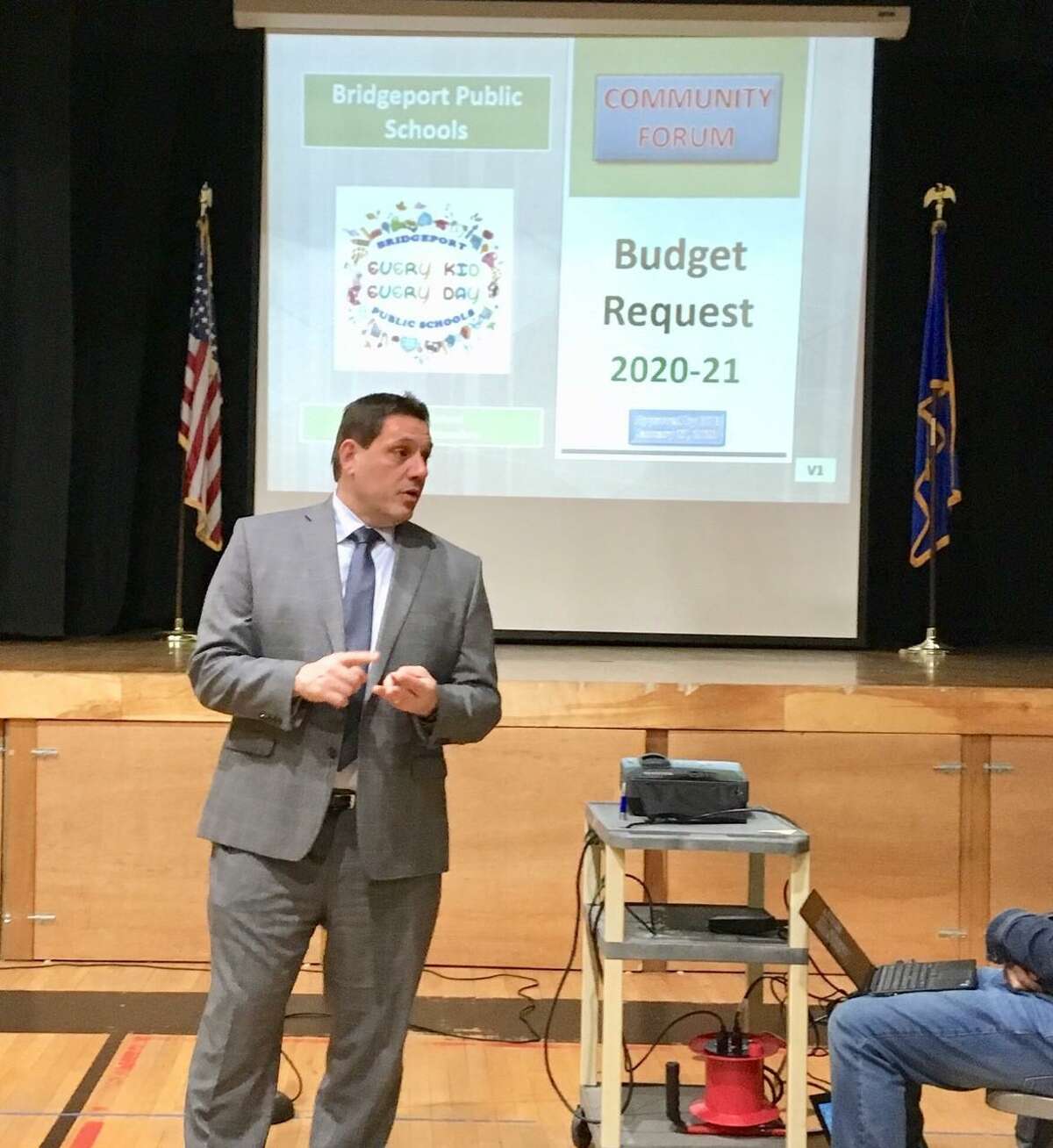 Acting Schools Superintendent Michael Testani presents the Bridgeport BOE budget request at Blackham School. Feb. 13, 2020