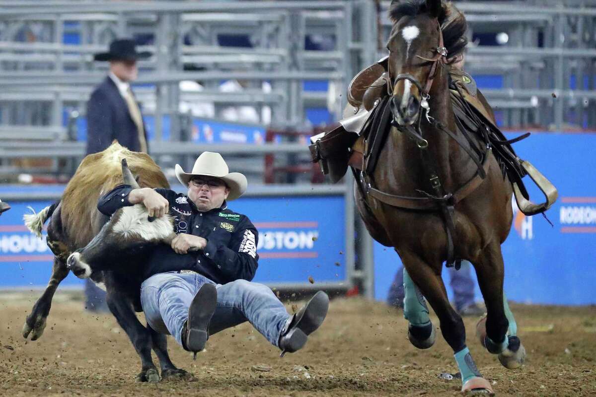Matt Reeves competes in the steer wrestling event at the Houston Livestock Show and Rodeo at NRG Stadium, Friday, March 8, 2019, in Houston.